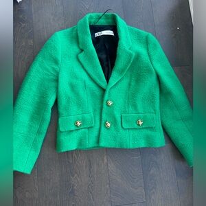 Zara Vibrant Green Blazer Cropped with Gold Accents